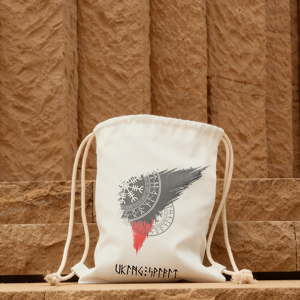 Vegvisir Viking Compass Black‑Red Brush‑Stroke Cotton Canvas Drawstring Backpack, Norse Rune Symbol Heat‑Transfer Gym Sack Bag, Affordable Unisex Nordic Storage Sack for All Ages for European Market-Viking Spirit