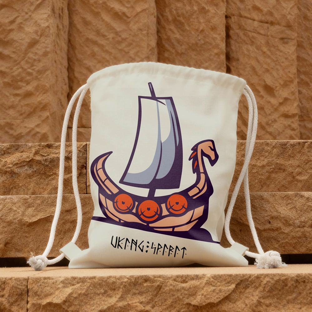 Viking Drakkar Longship Cotton Canvas Drawstring Bag, Norse Dragon Warship Rune Heat‑Transfer Sack Backpack-Viking Spirit