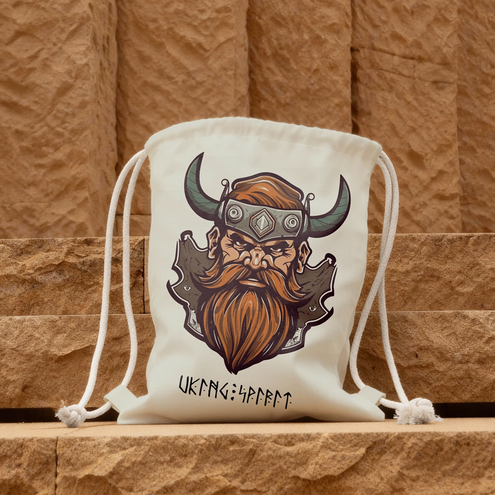 Viking Warrior with Horned Helmet Cotton Canvas Drawstring Bag, Norse Bearded Champion Rune Heat‑Transfer Sack Backpack-Viking Spirit