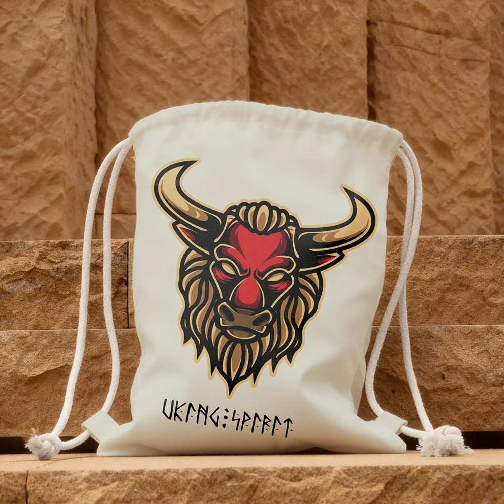 Viking Red Bull Head Totem Cotton Canvas Drawstring Bag, Norse Beast Rune Heat‑Transfer Sack Backpack-Viking Spirit