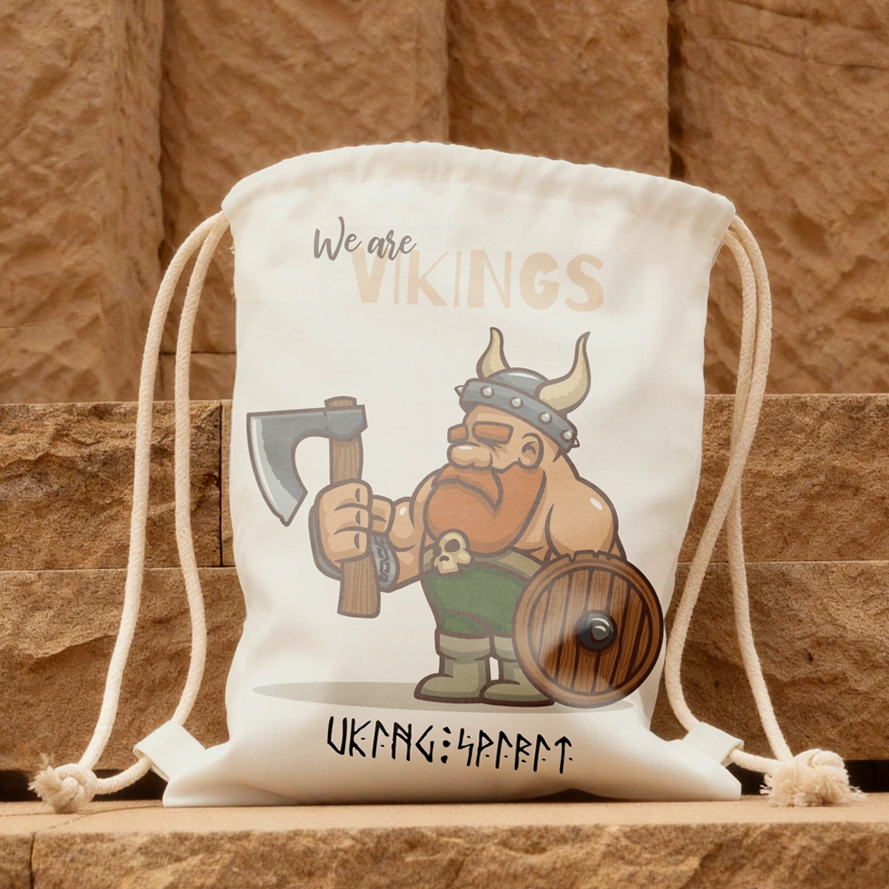 Cartoon Viking Warrior "We are VIKINGS" Cotton Canvas Drawstring Bag, Axe‑Shield Champion Rune Heat‑Transfer Sack Backpack-Viking Spirit