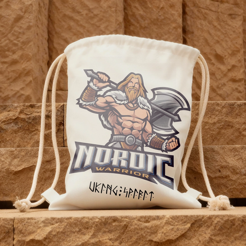 Nordic Warrior Cotton Canvas Drawstring Bag, Viking Axe‑Wielding Champion Slogan Norse Rune Heat‑Transfer Sack Backpack-Viking Spirit
