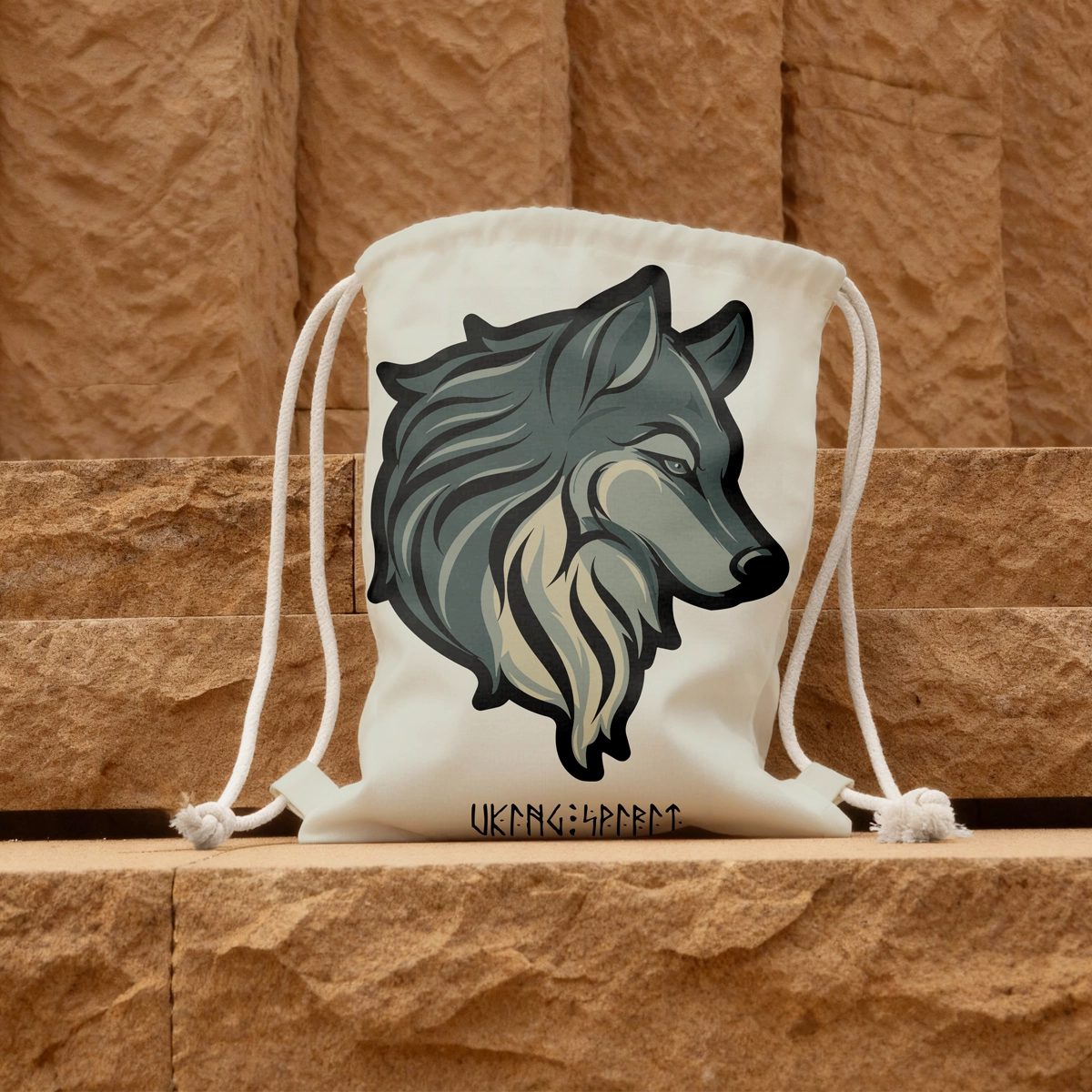 Viking Wolf Totem Cotton Canvas Drawstring Bag, Nordic Rune Heat‑Transfer Sack Backpack