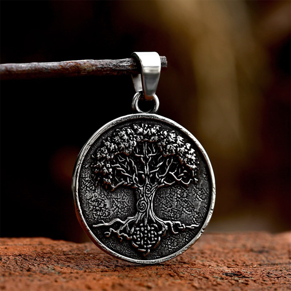 Norse Viking Yggdrasil World Tree Round Pendant | Tree of Life Amulet, 316L Stainless Steel Unisex Life & Family Protection Necklace