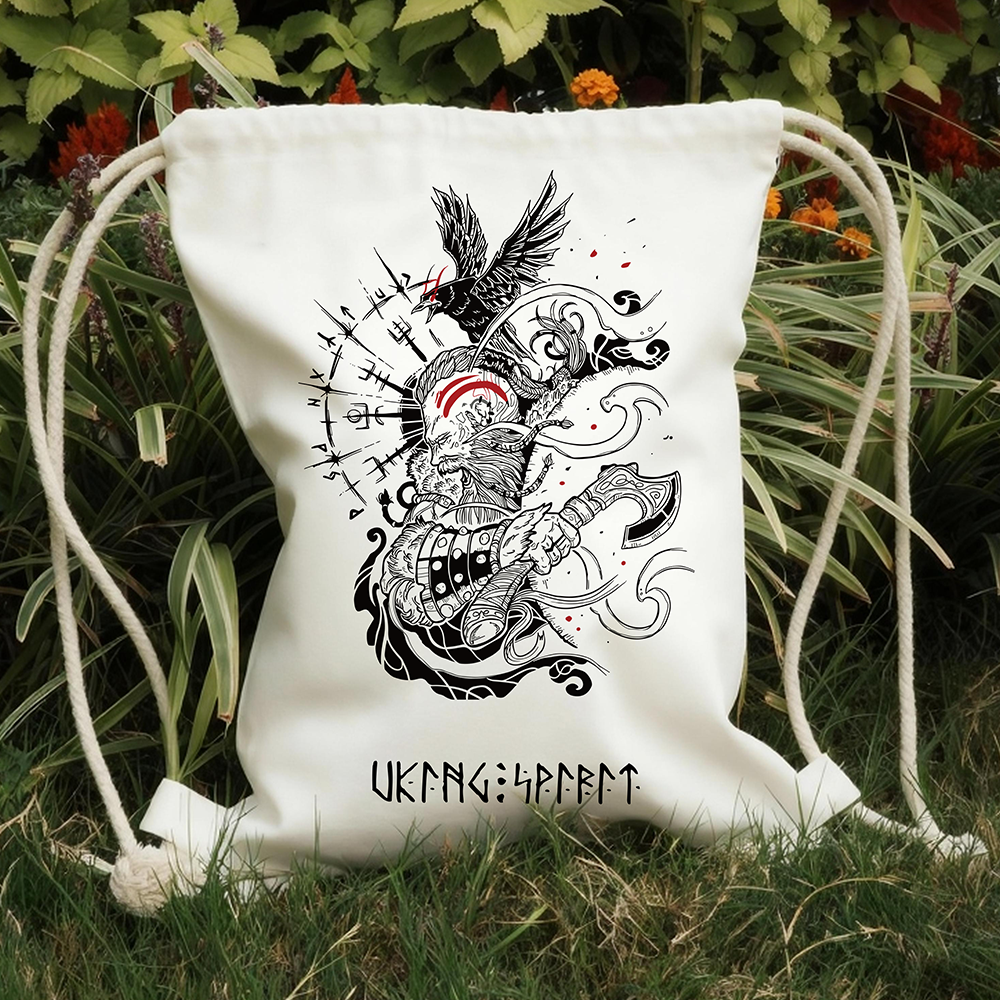 Viking Warrior with Odin's Raven & Axe Illustration Cotton Canvas Drawstring Backpack, Vegvisir Norse Legend Heat‑Transfer Gym Sack Bag, Affordable Unisex Nordic Storage Sack for All Ages for European Market-Viking Spirit