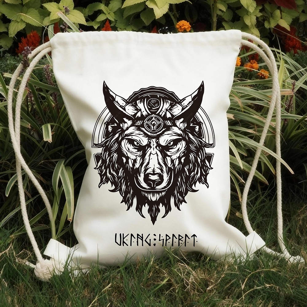 Fenrir Viking Giant Wolf Head Illustration Cotton Canvas Drawstring Backpack, Norse Mythology Legend Heat‑Transfer Gym Sack Bag, Affordable Unisex Nordic Storage Sack for All Ages for European Market-Viking Spirit