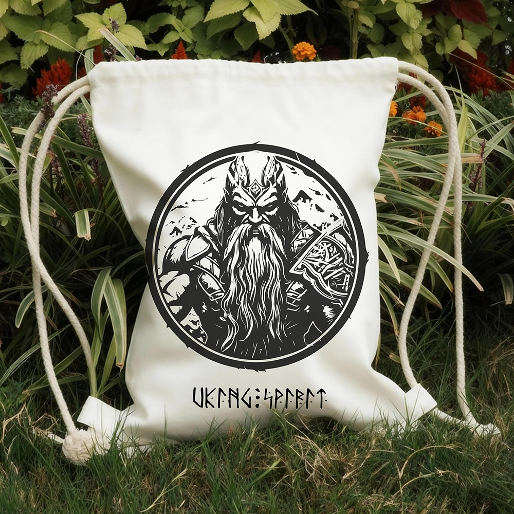 Odin All‑Father Circular Portrait Cotton Canvas Drawstring Backpack, Norse God of Wisdom War Legend Heat‑Transfer Gym Sack Bag, Affordable Unisex Nordic Storage Sack for All Ages for European Market-Viking Spirit