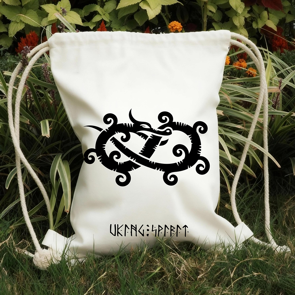 Jörmungandr World Serpent Intertwined Totem Cotton Canvas Drawstring Backpack, Norse Myth Legend Heat‑Transfer Gym Sack Bag, Affordable Unisex Nordic Storage Sack for All Ages for European Market-Viking Spirit