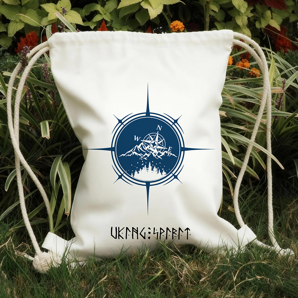 Vegvisir Viking Nautical Compass with Mountain & Forest Cotton Canvas Drawstring Backpack, Norse Voyage Exploration Legend Heat‑Transfer Gym Sack Bag, Affordable Unisex Nordic Storage Sack for All Ages for European Market-Viking Spirit