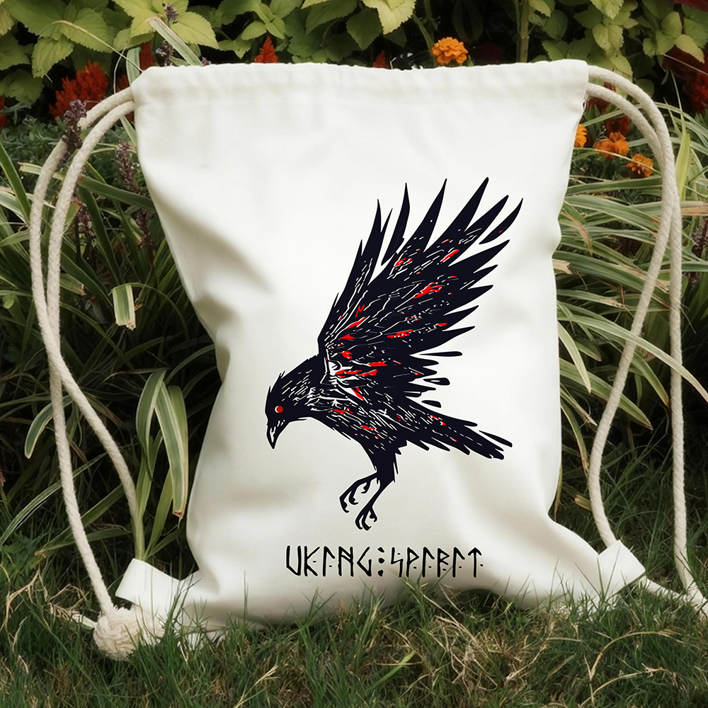 Black‑Red Battle‑Scarred Odin's Raven Cotton Canvas Drawstring Backpack, Aggressive Viking Crow Heat‑Transfer Gym Sack Bag, Affordable Unisex Nordic Storage Sack for All Ages for European Market-Viking Spirit