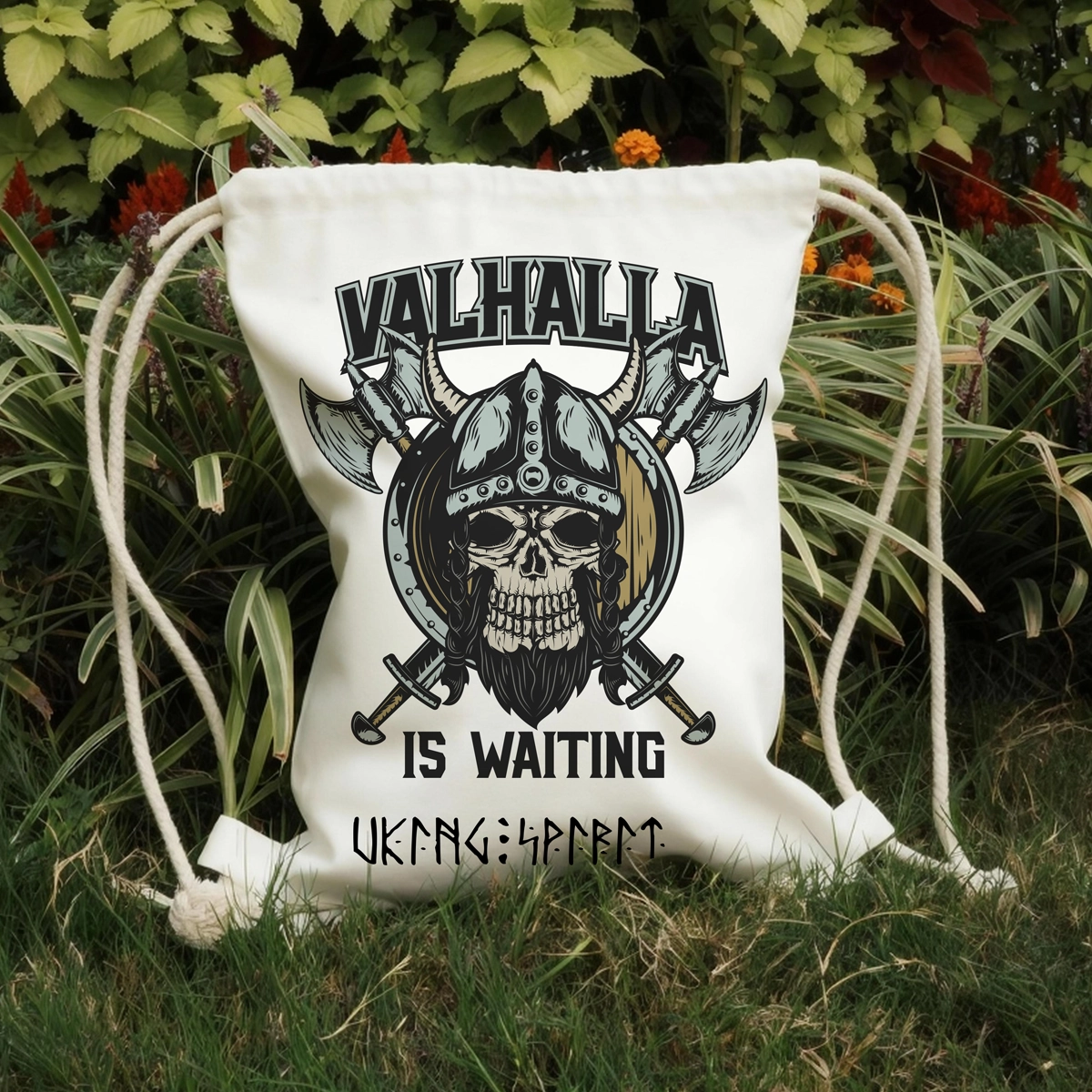 Valhalla Viking Skull Warrior Cotton Canvas Drawstring Bag, Norse Rune Heat‑Transfer Sack Backpack