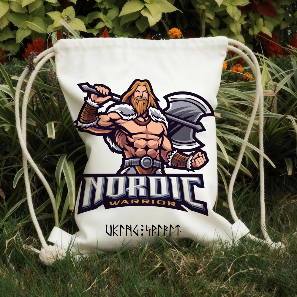 Nordic Warrior Cotton Canvas Drawstring Bag, Viking Axe‑Wielding Champion Slogan Norse Rune Heat‑Transfer Sack Backpack-Viking Spirit