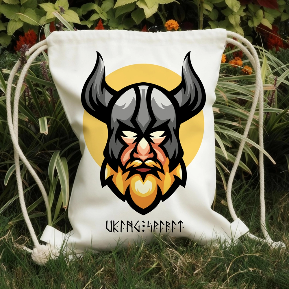Viking Warrior Head with Horned Helmet Cotton Canvas Drawstring Bag, Norse Fighter Rune Heat‑Transfer Sack Backpack-Viking Spirit
