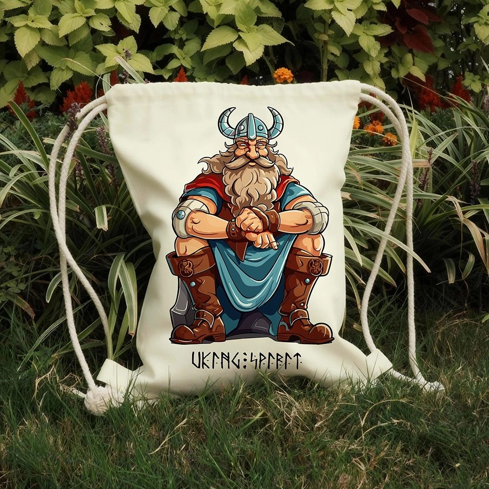 Cartoon Seated Old Viking Warrior Cotton Canvas Drawstring Bag, Vintage Norse Champion Rune Heat‑Transfer Sack Backpack-Viking Spirit