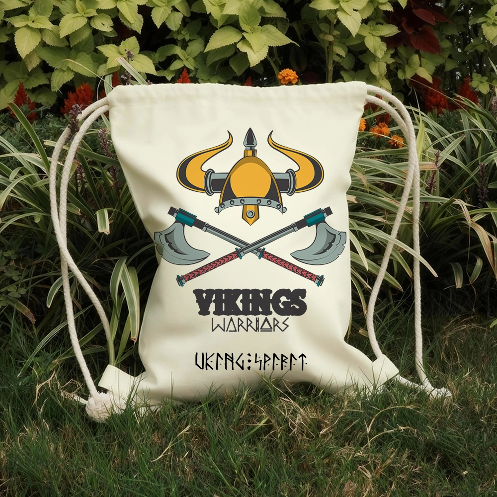 Vikings Warriors Horned Helmet Cross‑Battle‑Axe Cotton Canvas Drawstring Bag, Norse Warrior Weapon Totem Rune Heat‑Transfer Sack Backpack-Viking Spirit