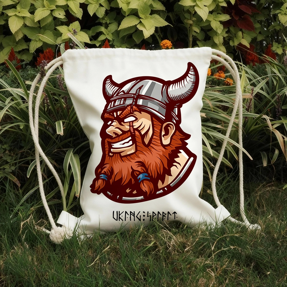 Vikings Warriors Horned Helmet Cross‑Battle‑Axe Cotton Canvas Drawstring Bag, Norse Warrior Weapon Totem Rune Heat‑Transfer Sack Backpack-Viking Spirit