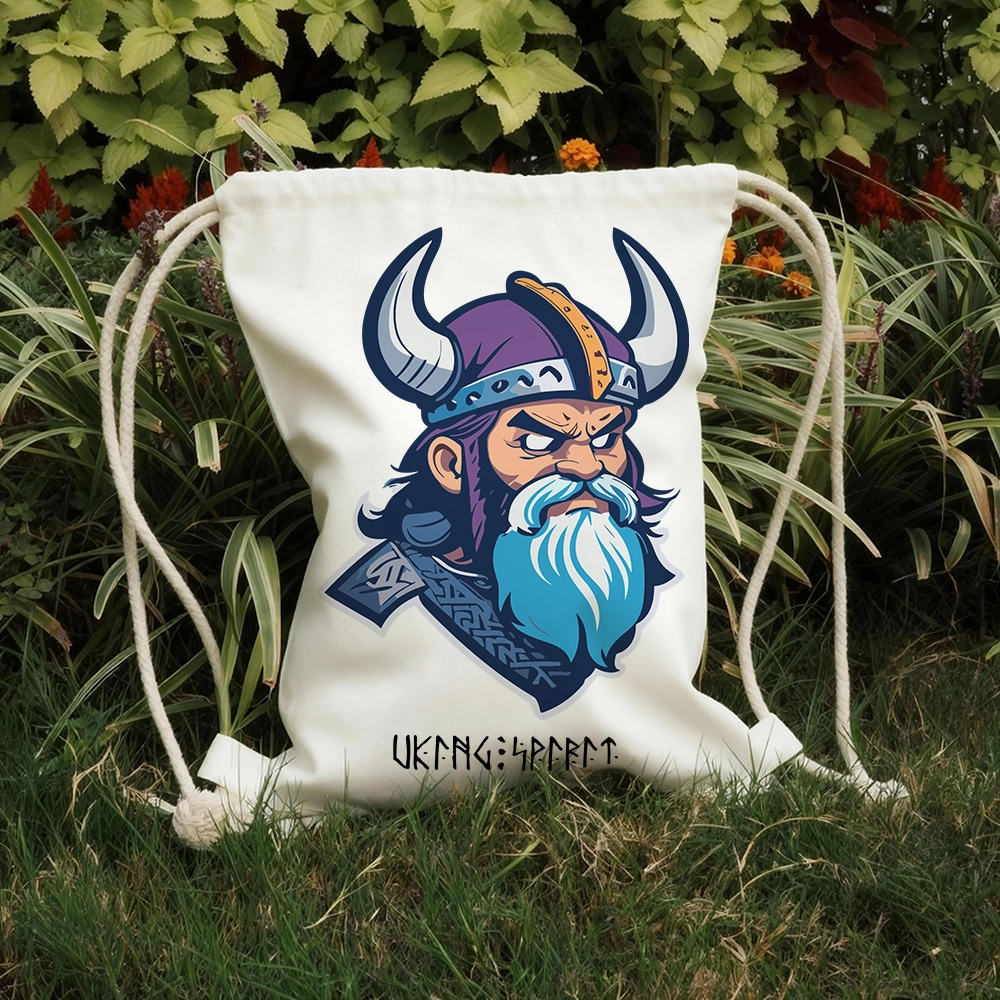 Viking Warrior Head with Purple‑Horned Helmet & Blue‑Beard Cotton Canvas Drawstring Bag, Norse Fighter Rune Heat‑Transfer Sack Backpack-Viking Spirit