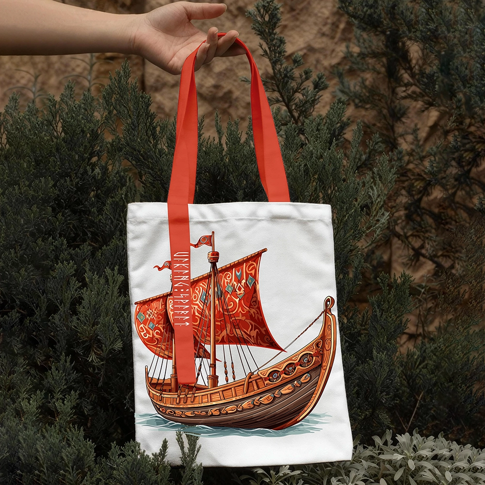 Viking Longship Drakkar Cotton Canvas Tote Bag, Norse Warship Rune Heat‑Transfer Shoulder Handbag