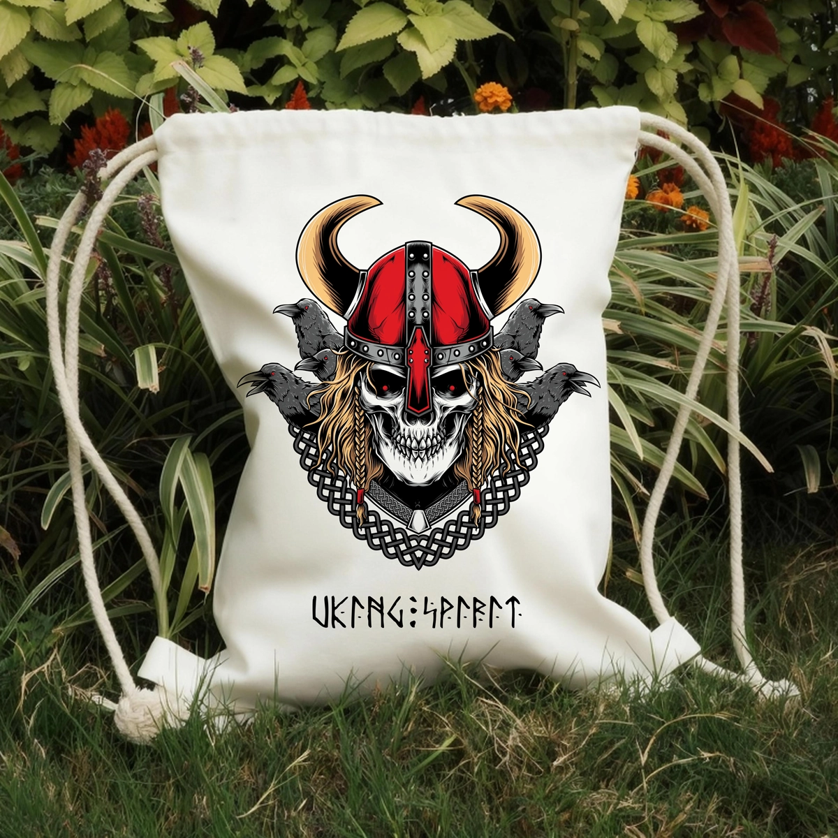 Viking Odin Raven Skull Cotton Canvas Drawstring Bag, Celtic Knot Norse Rune Heat‑Transfer Sack Backpack-Viking Spirit