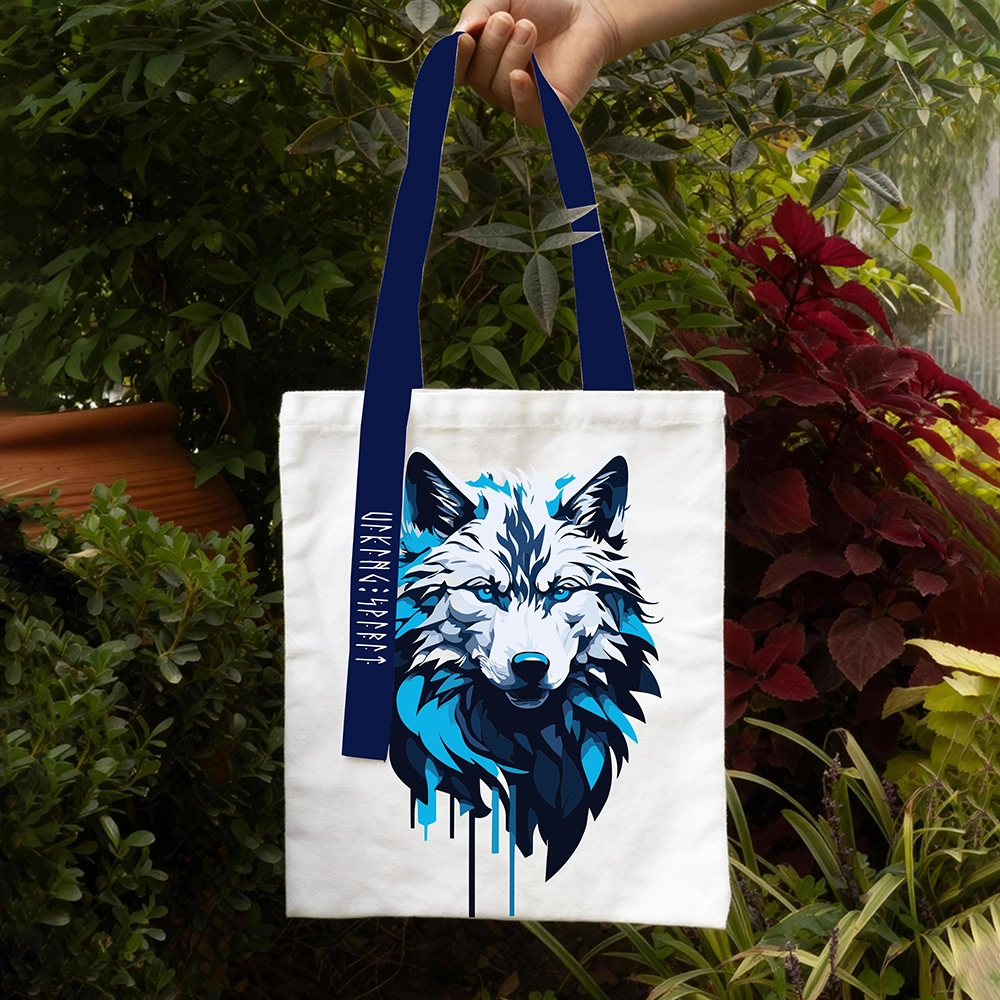 Ice‑Blue Norse Mythology Fenrir Giant Wolf Cotton Canvas Tote Bag, Viking Wolf Totem Rune Heat‑Transfer Shoulder Handbag-Viking Spirit