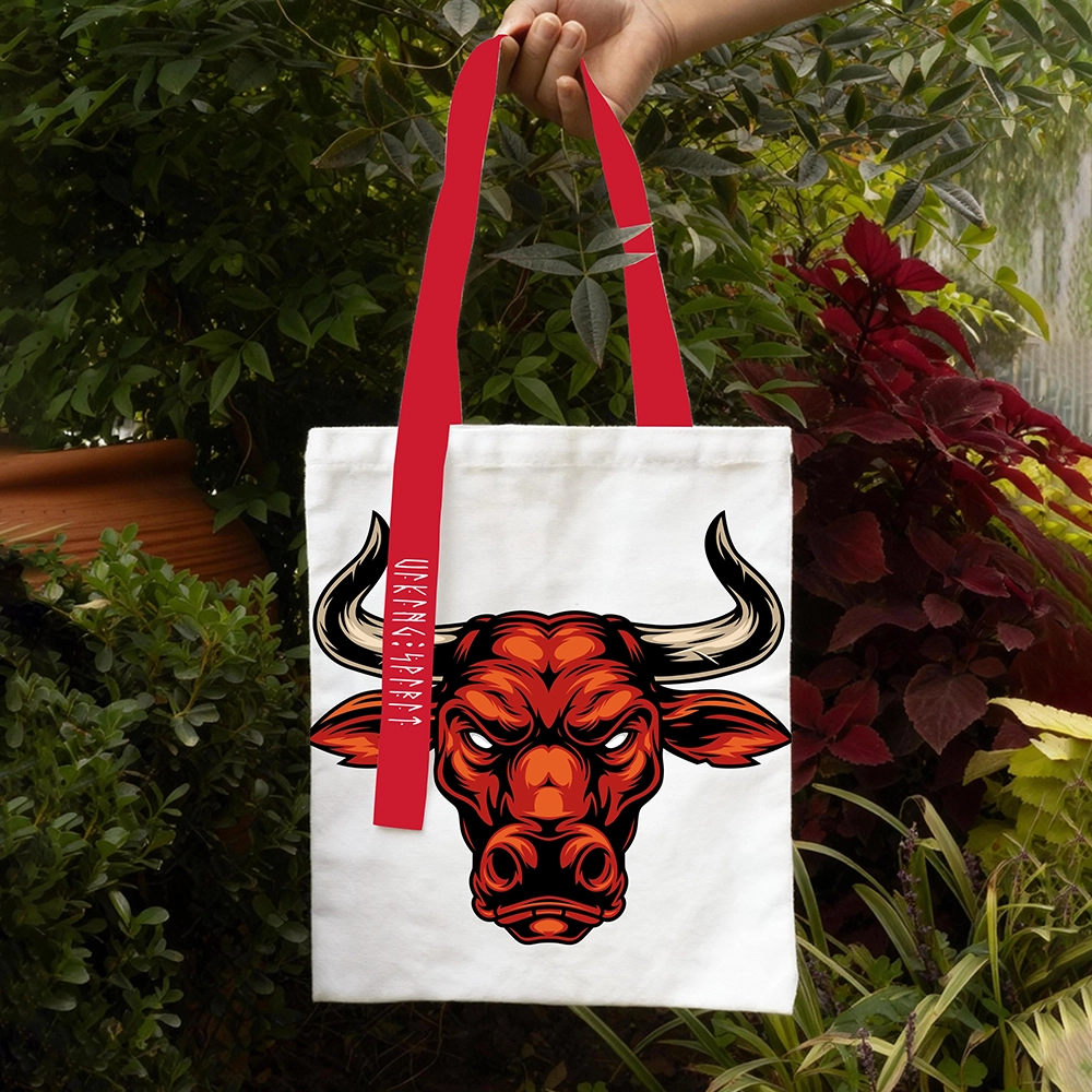 Viking Mythology Fierce Red Bull Head Cotton Canvas Tote Bag, Norse Power Totem Rune Heat‑Transfer Shoulder Handbag-Viking Spirit