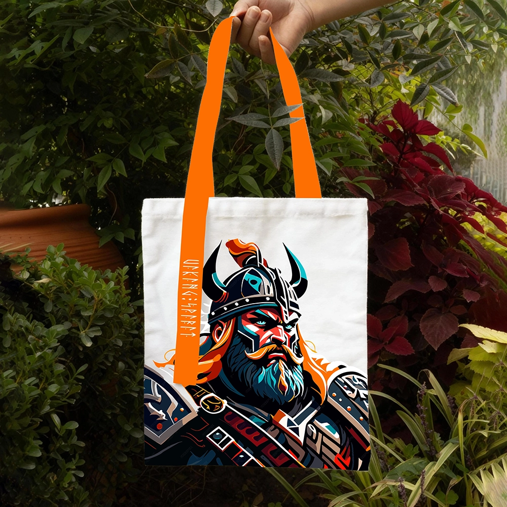 Armored Viking Warrior Cotton Canvas Tote Bag, Norse Armored Fighter Rune Heat‑Transfer Shoulder Handbag-Viking Spirit