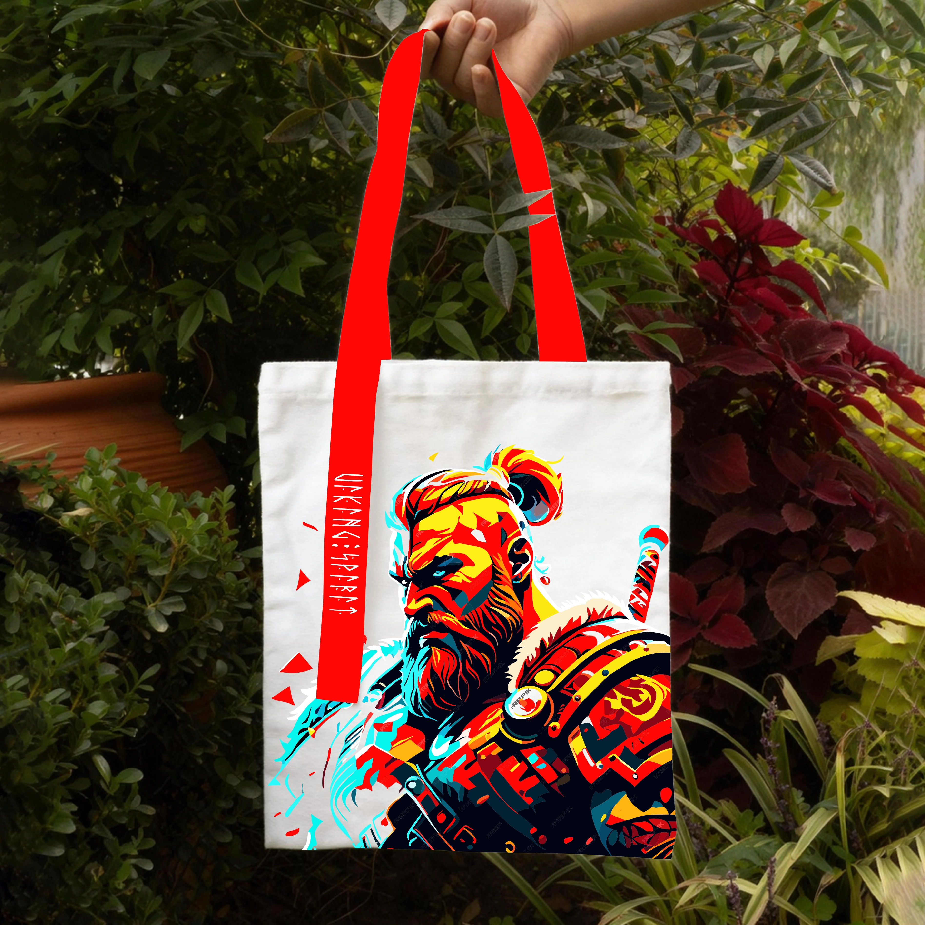 Pop‑Art Viking Berserker Cotton Canvas Tote Bag, Color‑Contrast Norse Warrior Rune Heat‑Transfer Shoulder Handbag-Viking Spirit
