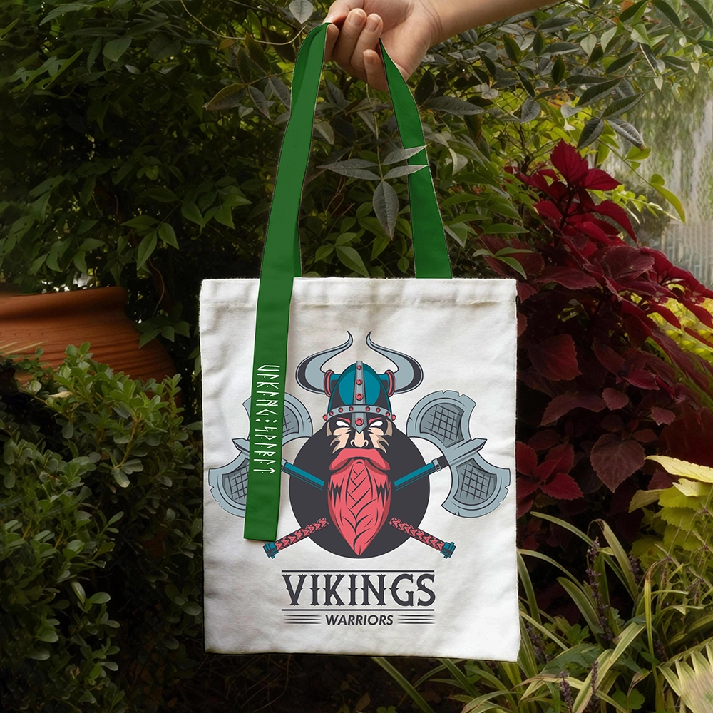 Double‑Axe Viking Warrior VIKINGS Logo Cotton Canvas Tote Bag, Norse Axe Fighter Rune Heat‑Transfer Shoulder Handbag-Viking Spirit