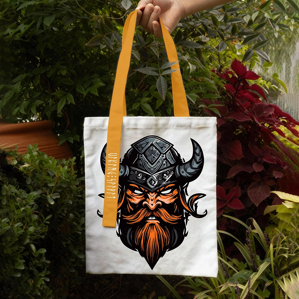 Horned Helmet Viking Chieftain Cotton Canvas Tote Bag, Norse Warrior Head Rune Heat‑Transfer Shoulder Handbag, Affordable Nordic Gift for Men Women All‑Ages-Viking Spirit