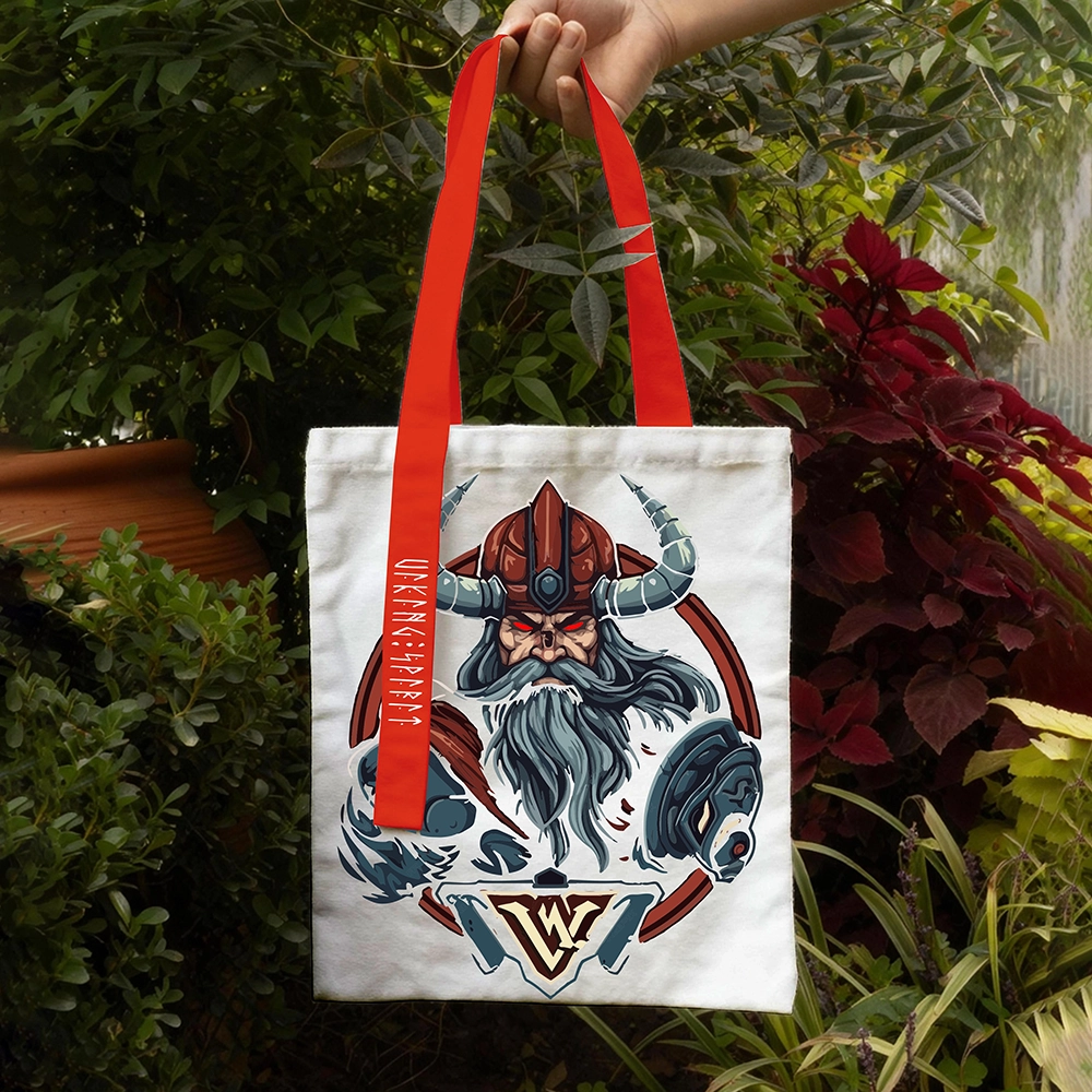Red‑Helmet Red‑Eyes Viking Warrior God Cotton Canvas Tote Bag, Red‑Handle Norse Champion V‑Emblem Rune Heat‑Transfer Shoulder Handbag, Affordable Unisex Nordic Gift for All Ages for European Market-Viking Spirit