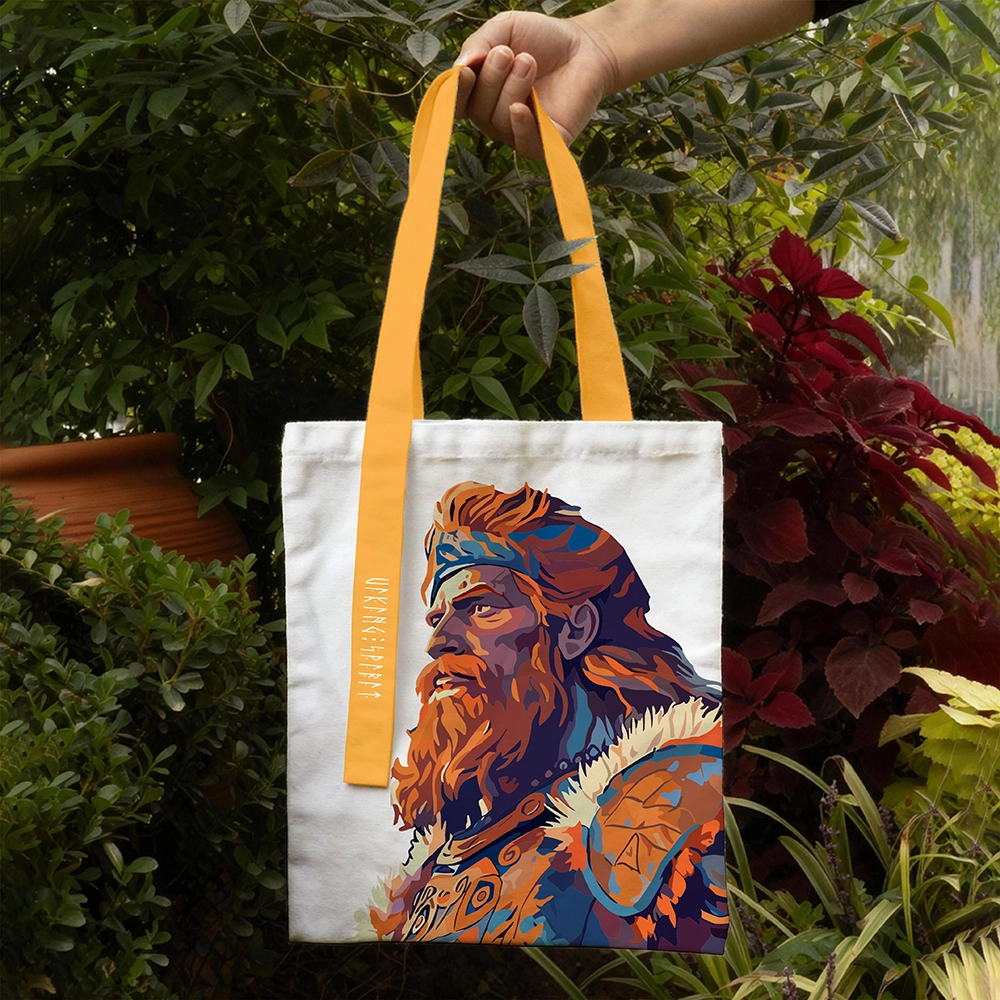 Art‑Block Illustration Profile Viking Leader Cotton Canvas Tote Bag, Orange‑Yellow Handle Norse Figure Rune Heat‑Transfer Shoulder Handbag, Affordable Unisex Nordic Gift for All Ages for European Market-Viking Spirit