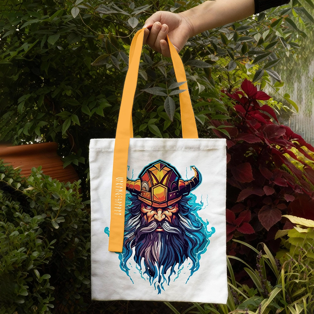 Blue‑Flame Effect Horned Helmet Viking Chieftain Cotton Canvas Tote Bag, Orange‑Yellow Handle Norse War God Rune Heat‑Transfer Shoulder Handbag, Affordable Unisex Nordic Gift for All Ages for European Market-Viking Spirit
