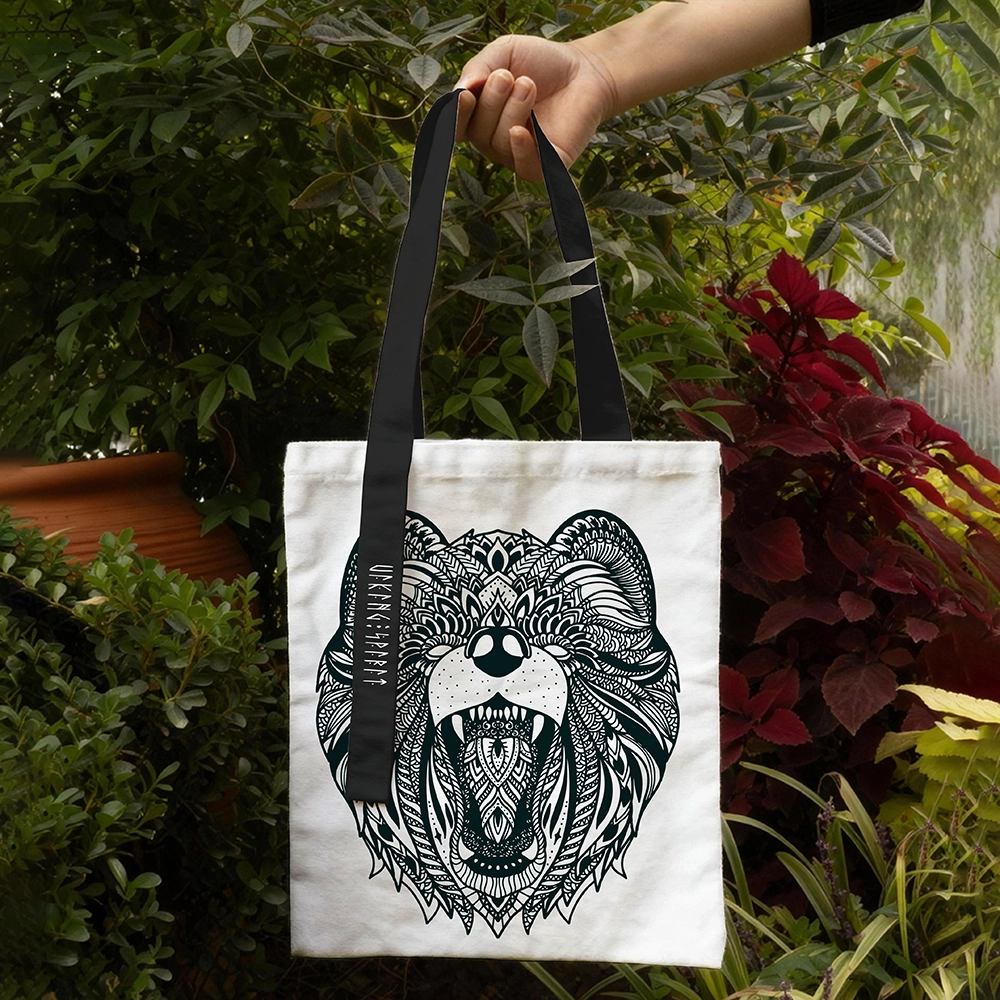 Norse Mythology Giant Bear 100% Cotton Canvas Tote Bag—Black Handles, Viking Rune Heat-Transferred Print, Handheld or Shoulder Bag—European-Style, Great Value, Unisex Cultural and Creative Shopping Bag-Viking Spirit