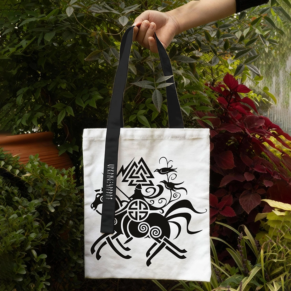Norse Mythology Odin's Eight‑Legged Horse Sleipnir & Valknut Symbol Cotton Canvas Tote Bag, Black‑Handle Viking Rune Heat‑Transfer Shoulder Handbag, Affordable Unisex Nordic Gift for All Ages for European Market-Viking Spirit