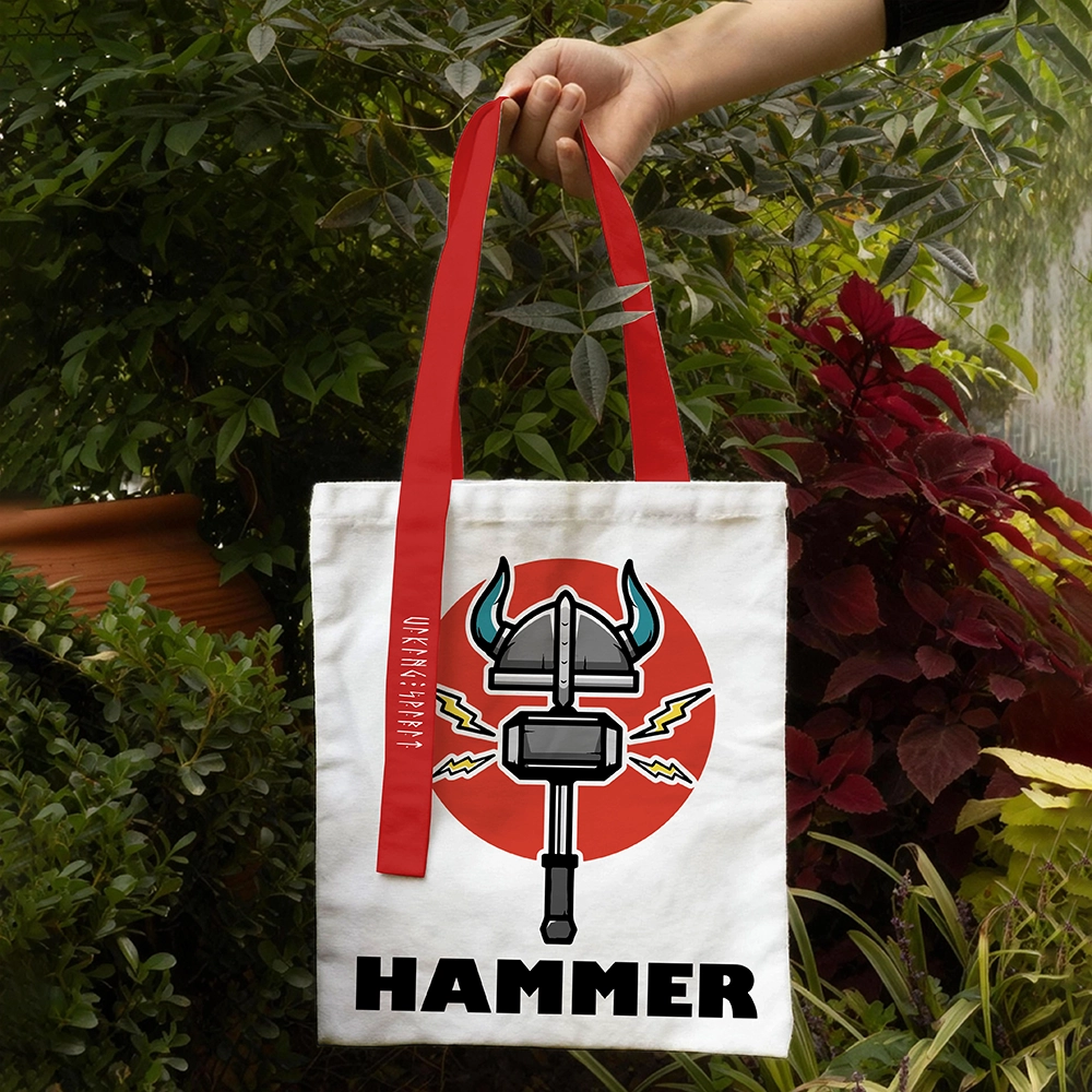 Cartoon Thor's Hammer Mjölnir Horned Helmet Cotton Canvas Tote Bag, Red‑Handle Viking Lightning Rune Heat‑Transfer Shoulder Handbag, Affordable Unisex Nordic Gift for All Ages for European Market-Viking Spirit