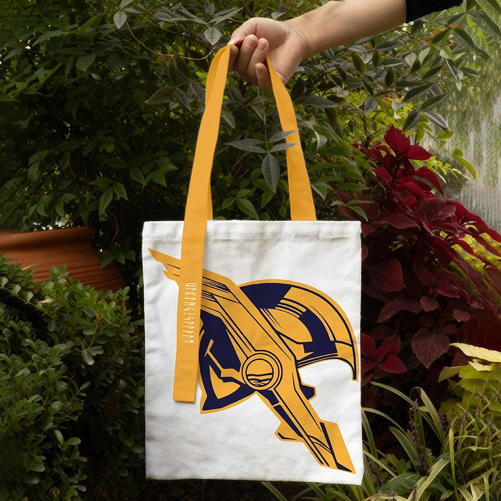 Yellow‑Blue Geometric Contrast Viking Axe & Helmet Cotton Canvas Tote Bag, Orange‑Yellow Handle Norse Warrior Rune Heat‑Transfer Shoulder Handbag, Affordable Unisex Nordic Gift for All Ages for European Market-Viking Spirit