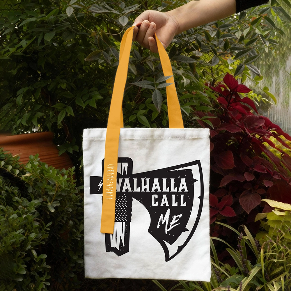 Valhalla Call Me Distressed Viking Axe Cotton Canvas Tote Bag, Orange‑Yellow Handle Norse Rune Heat‑Transfer Shoulder Handbag, Affordable Unisex Nordic Gift for All Ages for European Market-Viking Spirit
