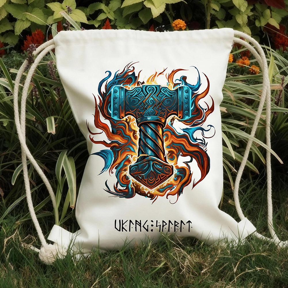 Fire‑Ice Flaming Thor's Hammer Mjölnir Cotton Canvas Drawstring Backpack, Norse Rune Heat‑Transfer Gym Sack Bag, Affordable Unisex Nordic Storage Sack for All Ages for European Market-Viking Spirit