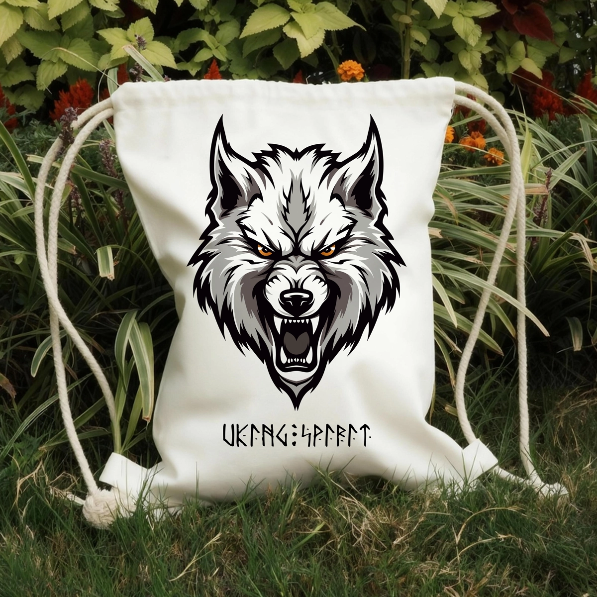 Viking Fenrir Giant Wolf Cotton Canvas Drawstring Bag, Norse Rune Heat‑Transfer Sack Backpack