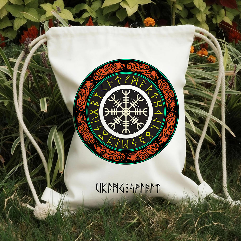 Viking Compass Vegvísir Rune Circle Cotton Canvas Drawstring Backpack, Norse Dragon‑Ornament Heat‑Transfer Gym Sack Bag, Affordable Unisex Nordic Storage Sack for All Ages for European Market-Viking Spirit