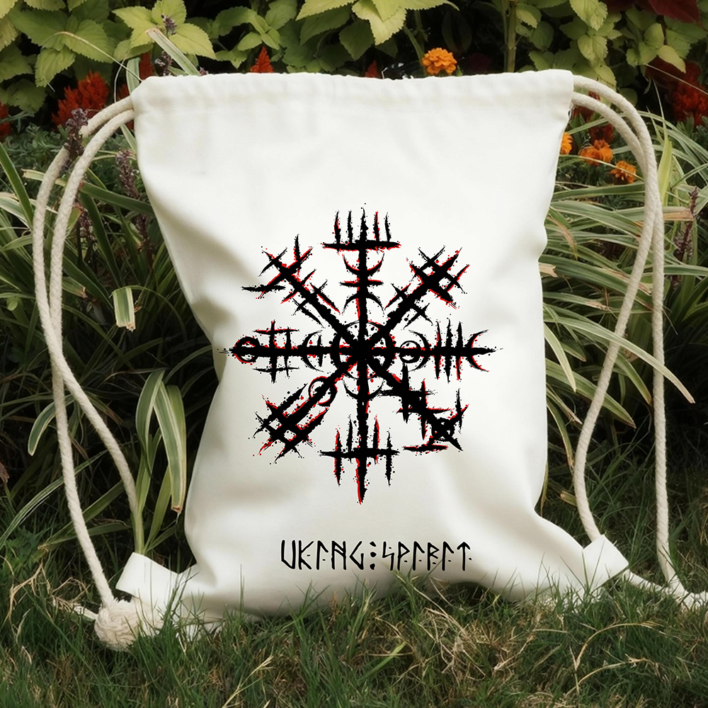 Black‑Red Distressed Aegishjalmur Helm of Awe Cotton Canvas Drawstring Backpack, Viking Power Talisman Norse Rune Heat‑Transfer Gym Sack Bag, Affordable Unisex Nordic Storage Sack for All Ages for European Market-Viking Spirit