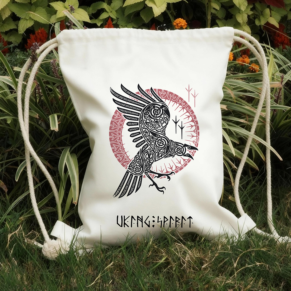 Odin's Raven Celtic Knot Cotton Canvas Drawstring Backpack, Wine‑Red Rune Circle Heat‑Transfer Gym Sack Bag, Affordable Unisex Nordic Storage Sack for All Ages for European Market-Viking Spirit