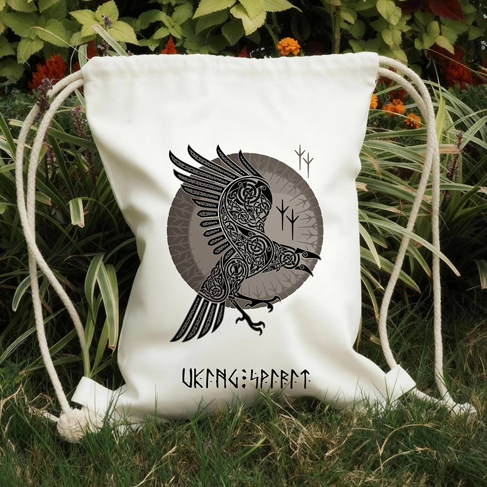 Grey‑Tone Vintage Odin's Raven Celtic Knot Cotton Canvas Drawstring Backpack, Shield‑Background Norse Rune Heat‑Transfer Gym Sack Bag, Affordable Unisex Nordic Storage Sack for All Ages for European Market-Viking Spirit