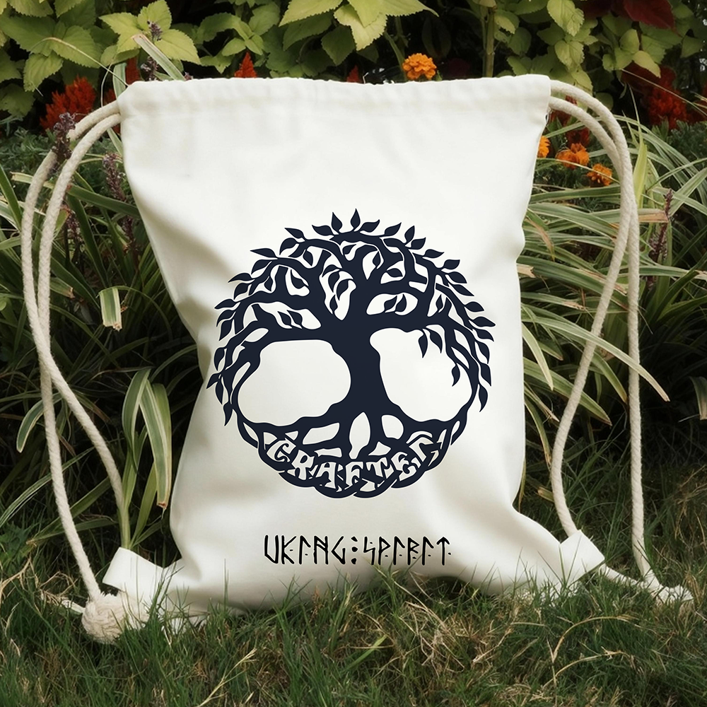 Yggdrasil Tree of Life Cotton Canvas Drawstring Backpack, Celtic Letter Heat‑Transfer Gym Sack Bag, Affordable Unisex Nordic Storage Sack for All Ages for European Market-Viking Spirit