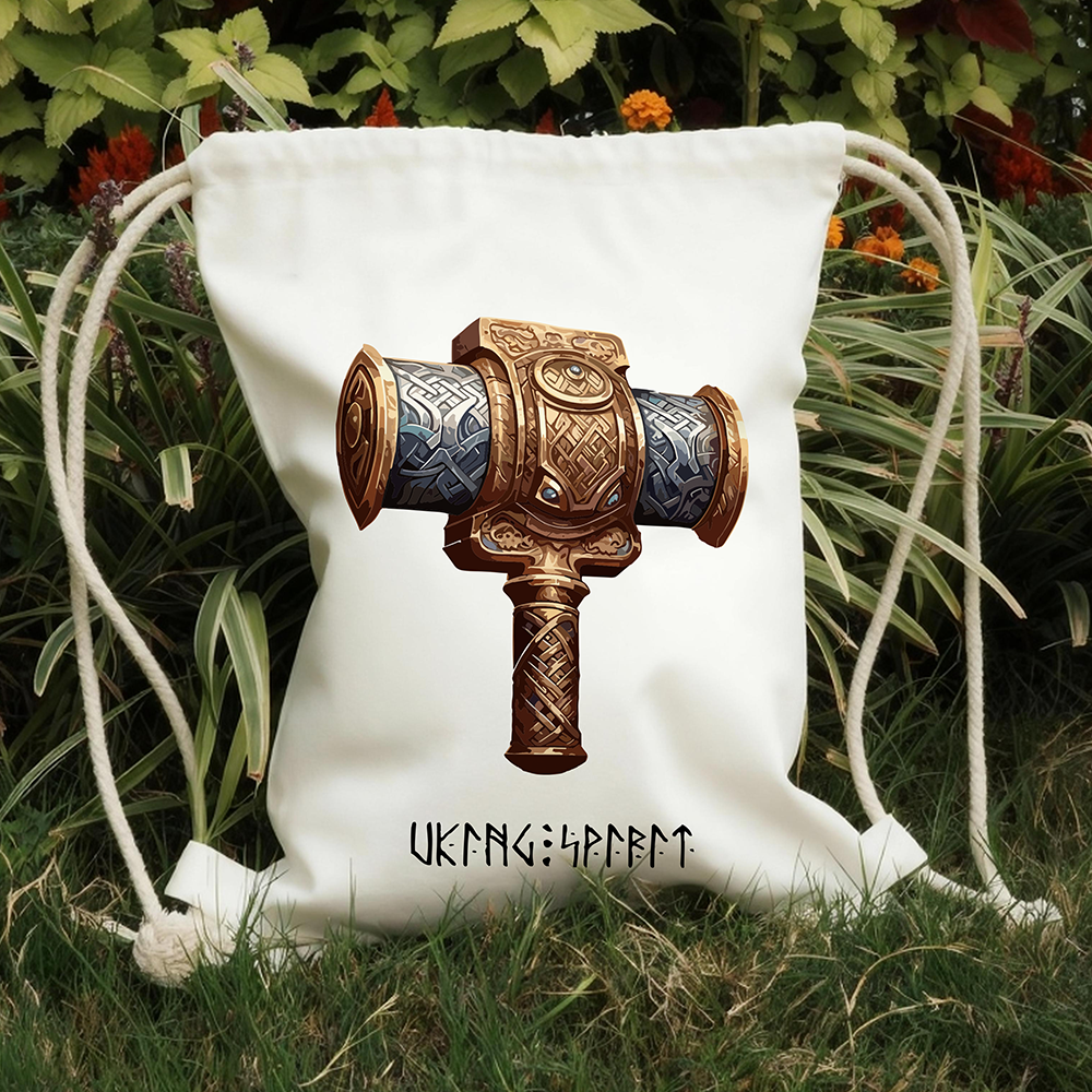 Mjölnir Thor's Hammer Vintage Carved Cotton Canvas Drawstring Backpack, Norse God Thor Heat‑Transfer Gym Sack Bag, Affordable Unisex Nordic Storage Sack for All Ages for European Market-Viking Spirit