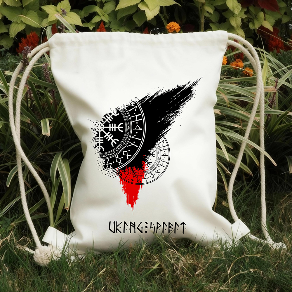 Vegvisir Viking Compass Black‑Red Brush‑Stroke Cotton Canvas Drawstring Backpack, Norse Rune Symbol Heat‑Transfer Gym Sack Bag, Affordable Unisex Nordic Storage Sack for All Ages for European Market-Viking Spirit