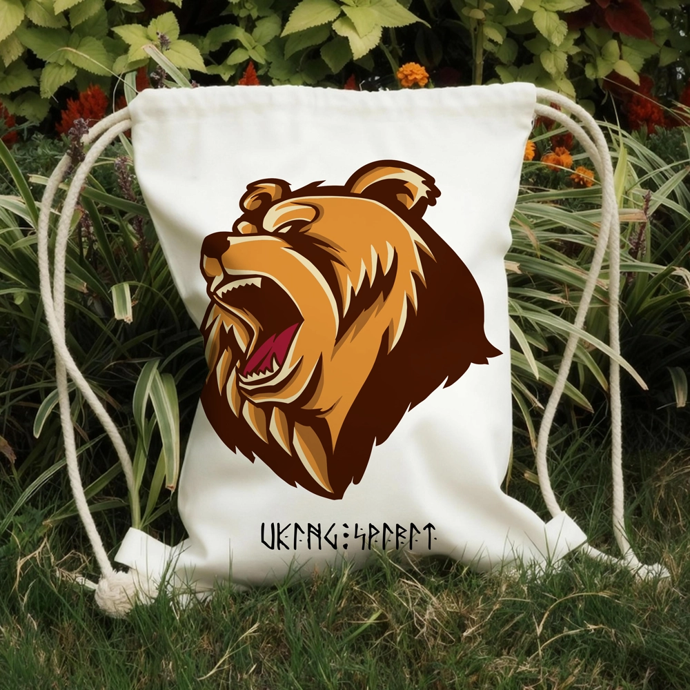 Viking Berserker Bear Cotton Canvas Drawstring Bag, Norse Rune Heat‑Transfer Sack Backpack