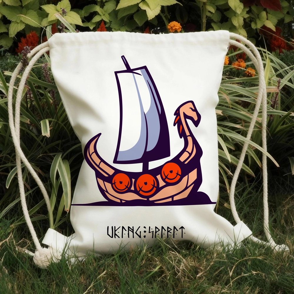 Viking Drakkar Longship Cotton Canvas Drawstring Bag, Norse Dragon Warship Rune Heat‑Transfer Sack Backpack-Viking Spirit