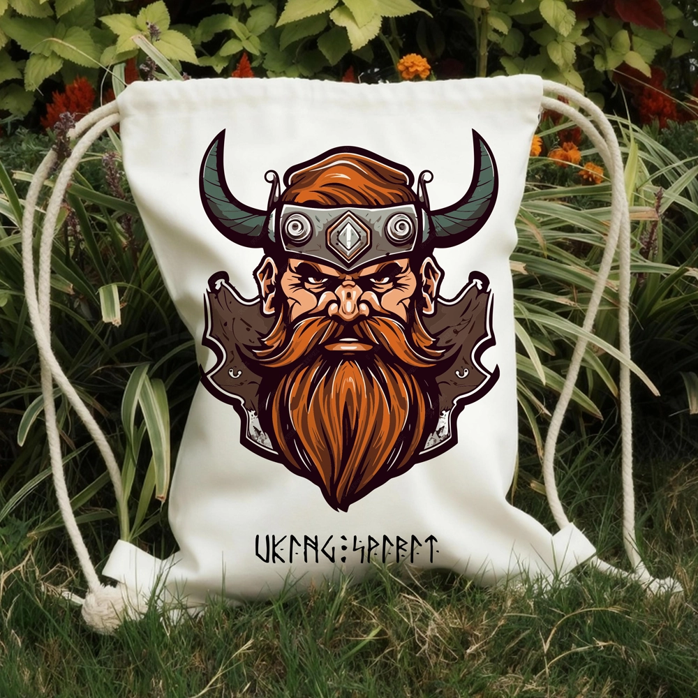 Viking Warrior with Horned Helmet Cotton Canvas Drawstring Bag, Norse Bearded Champion Rune Heat‑Transfer Sack Backpack-Viking Spirit