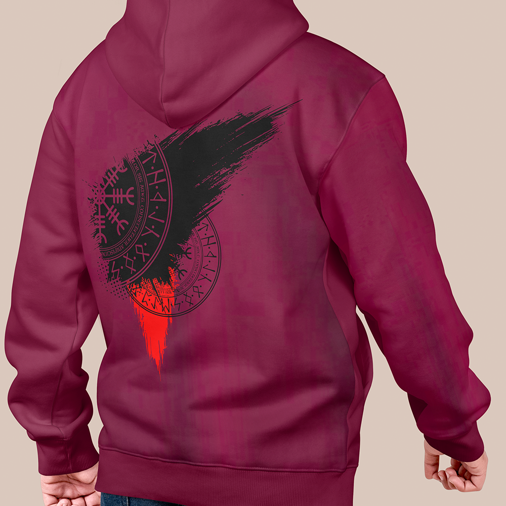 Viking Vegvísir Rune Compass Circle 550g Heavyweight Cotton Hoodie, Norse Wayfinder Rune Totem Pullover with Kangaroo Pocket, Affordable Unisex All-Ages Casual Hoodie for European Market-Viking Spirit